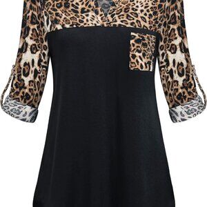 Womens Roll Up Long Sleeve V Neck Patchwork Blouse Shirt Tops